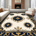 Elegant Navy Gold Floral Motif Rug