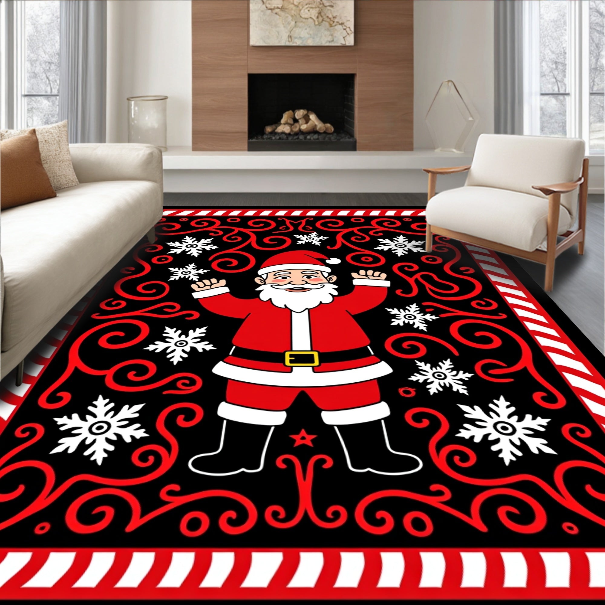 Festive Santa Claus Black Snowflake Swirls Rug