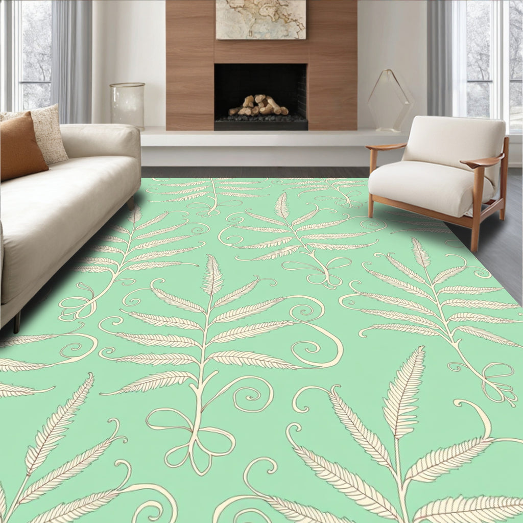 Mint Green Fern Botanical Swirl Pattern Rug