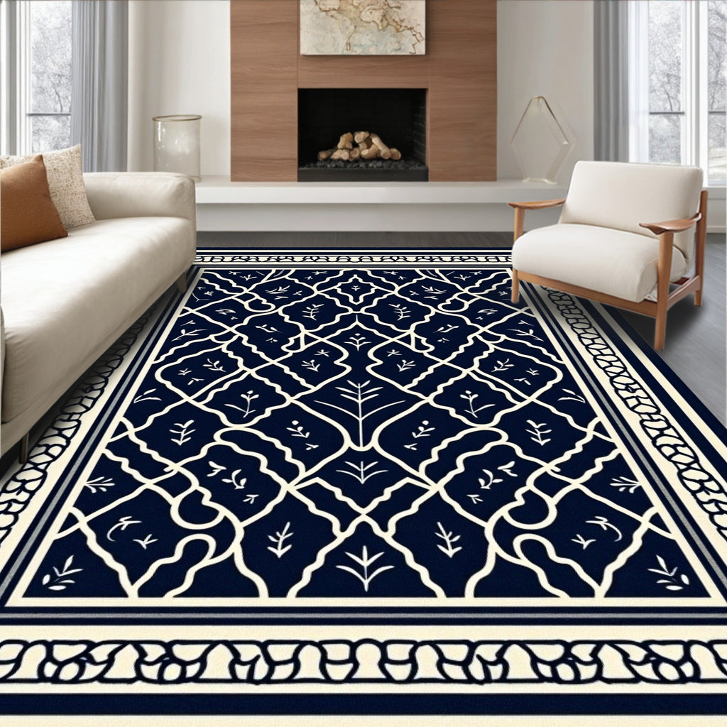 Elegant Navy Ivory Damask Pattern Rug
