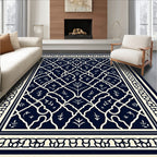 Elegant Navy Ivory Damask Pattern Rug
