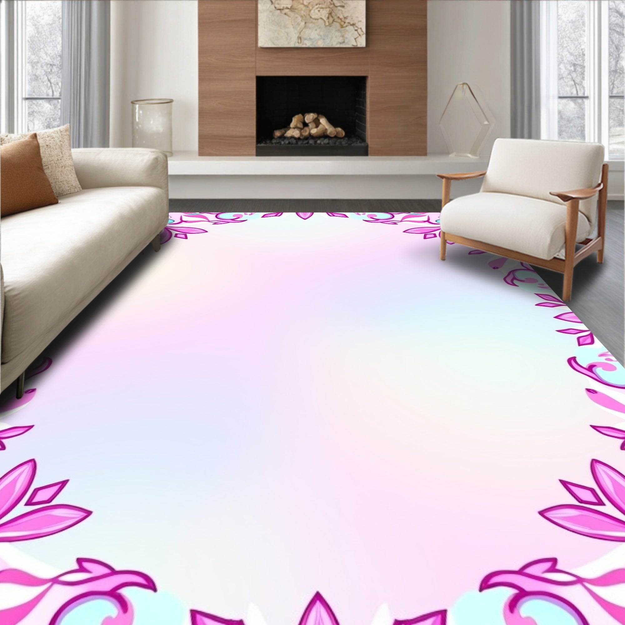 Pink And Aqua Floral Mandala Rug