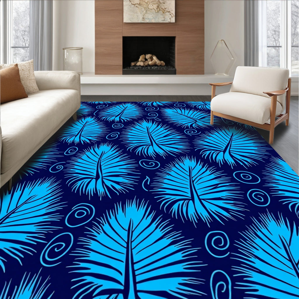 Bold Blue Palm Leaf Swirl Pattern Rug