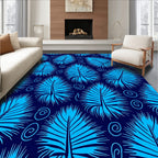 Bold Blue Palm Leaf Swirl Pattern Rug