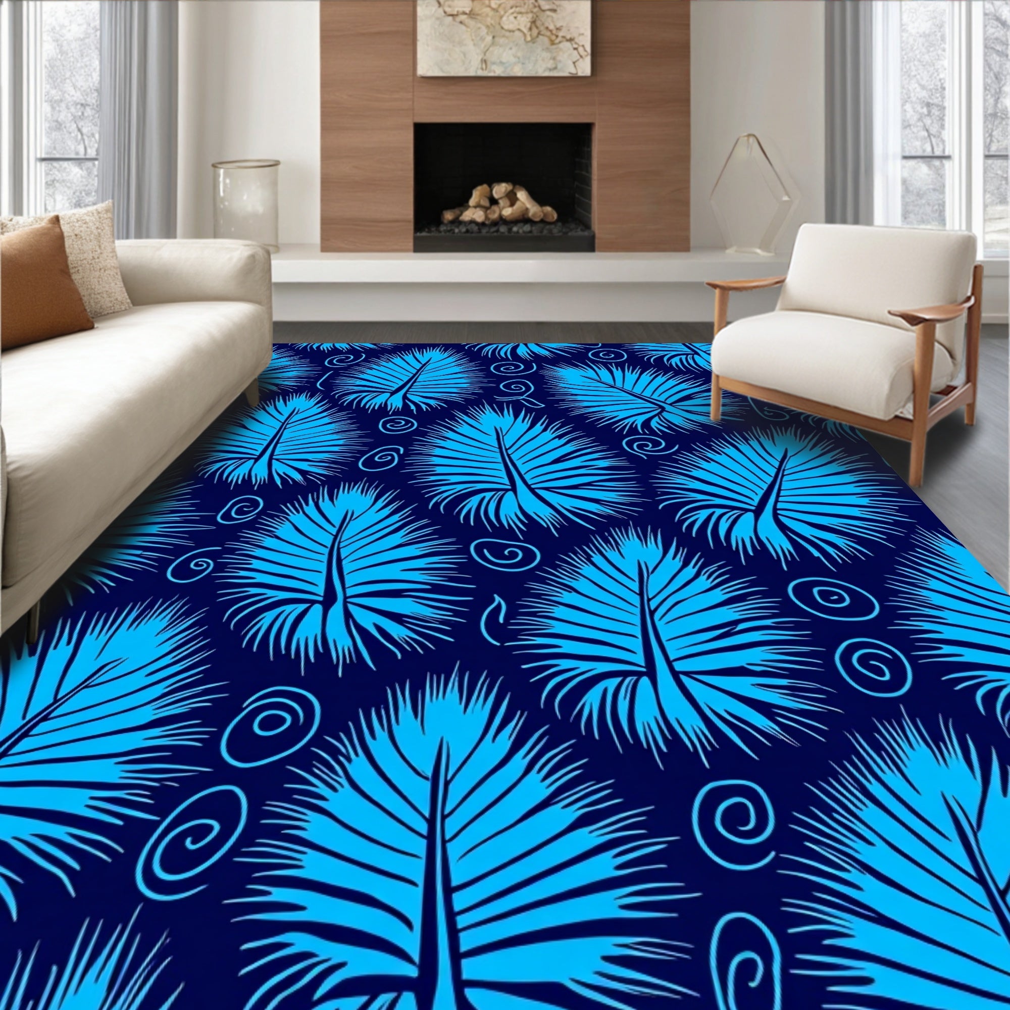 Bold Blue Palm Leaf Swirl Pattern Rug