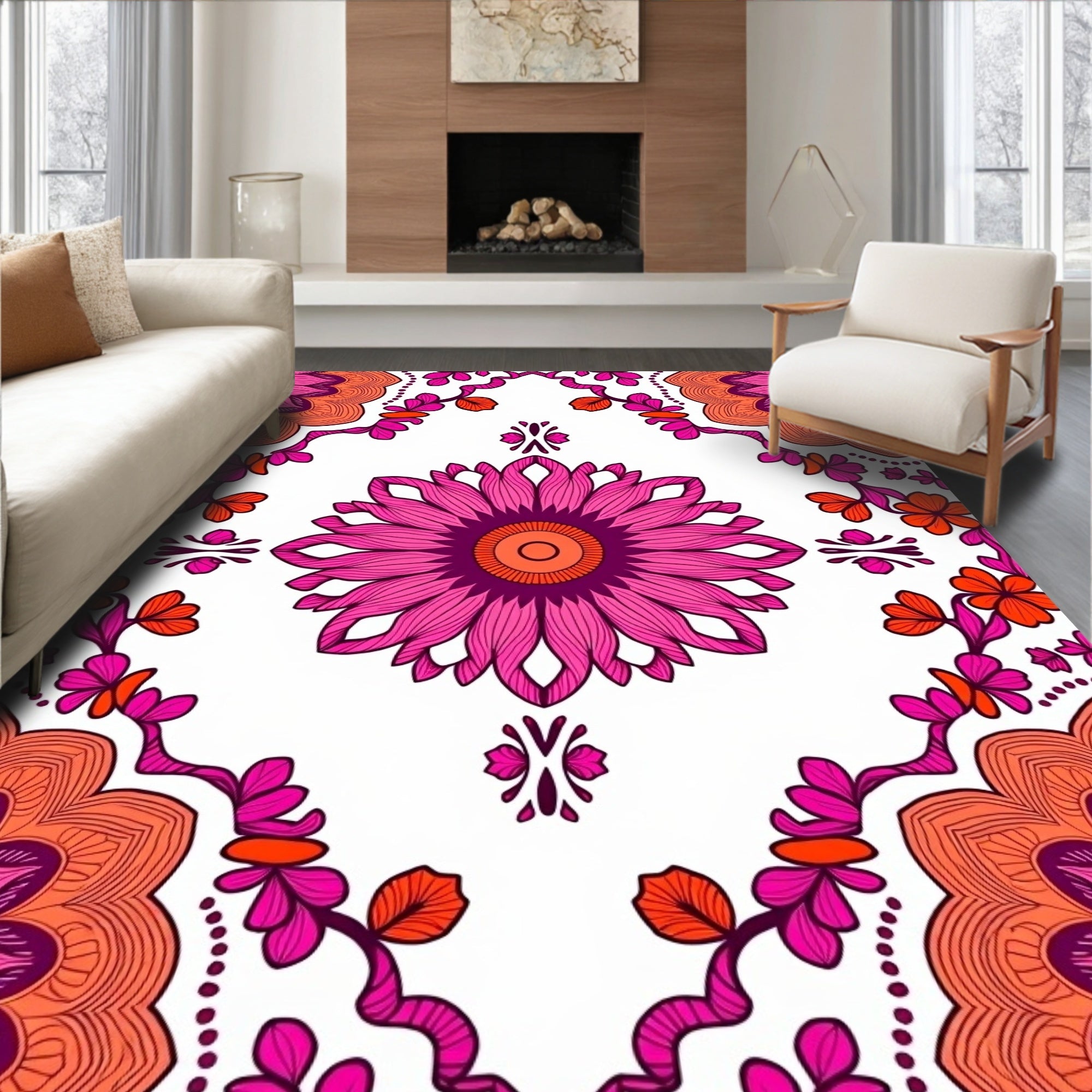 Vibrant Pink Orange Floral Mandala Pattern Rug