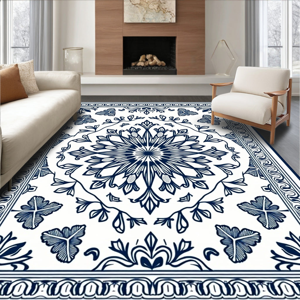 Classic Blue Floral Mandala Pattern Rug