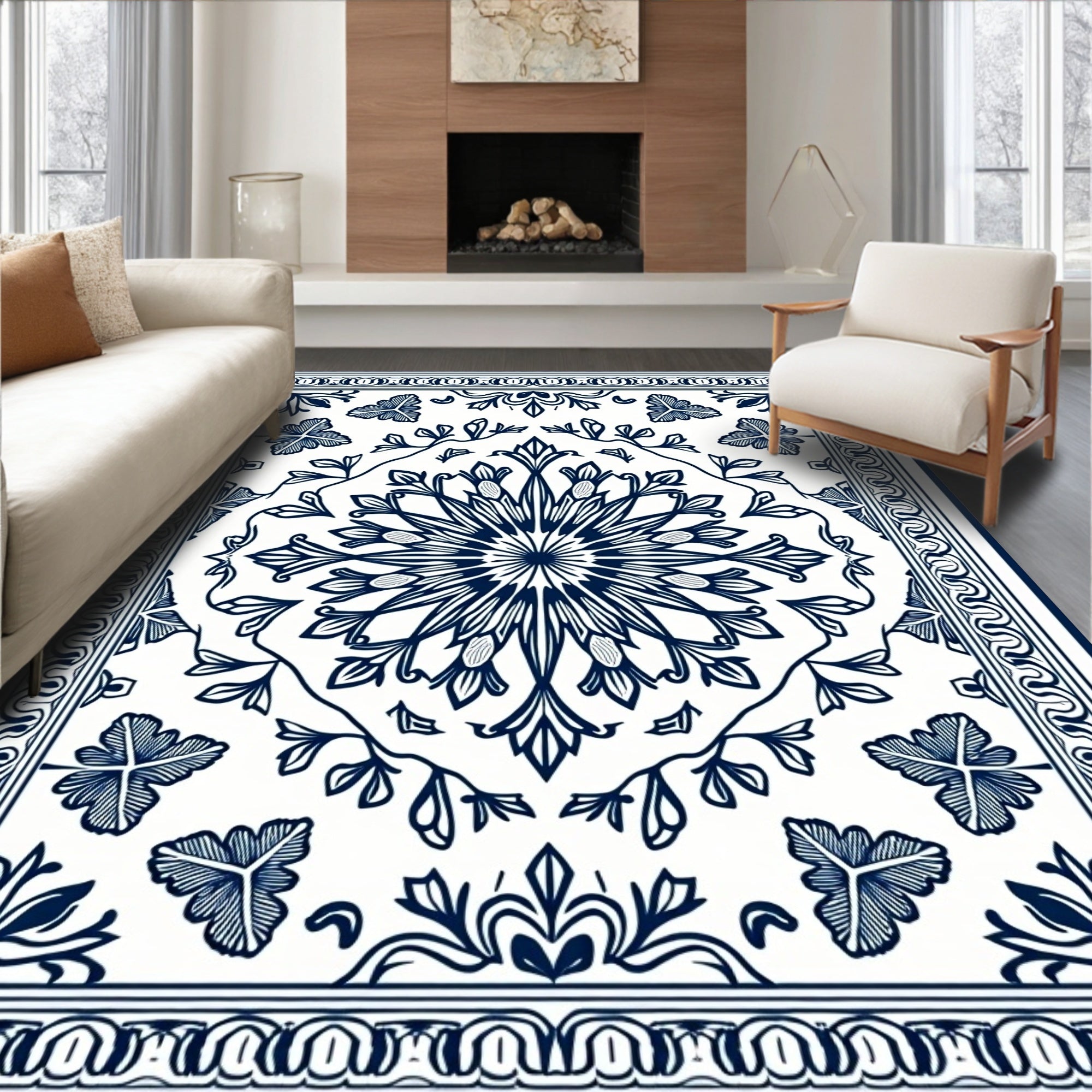 Classic Blue Floral Mandala Pattern Rug