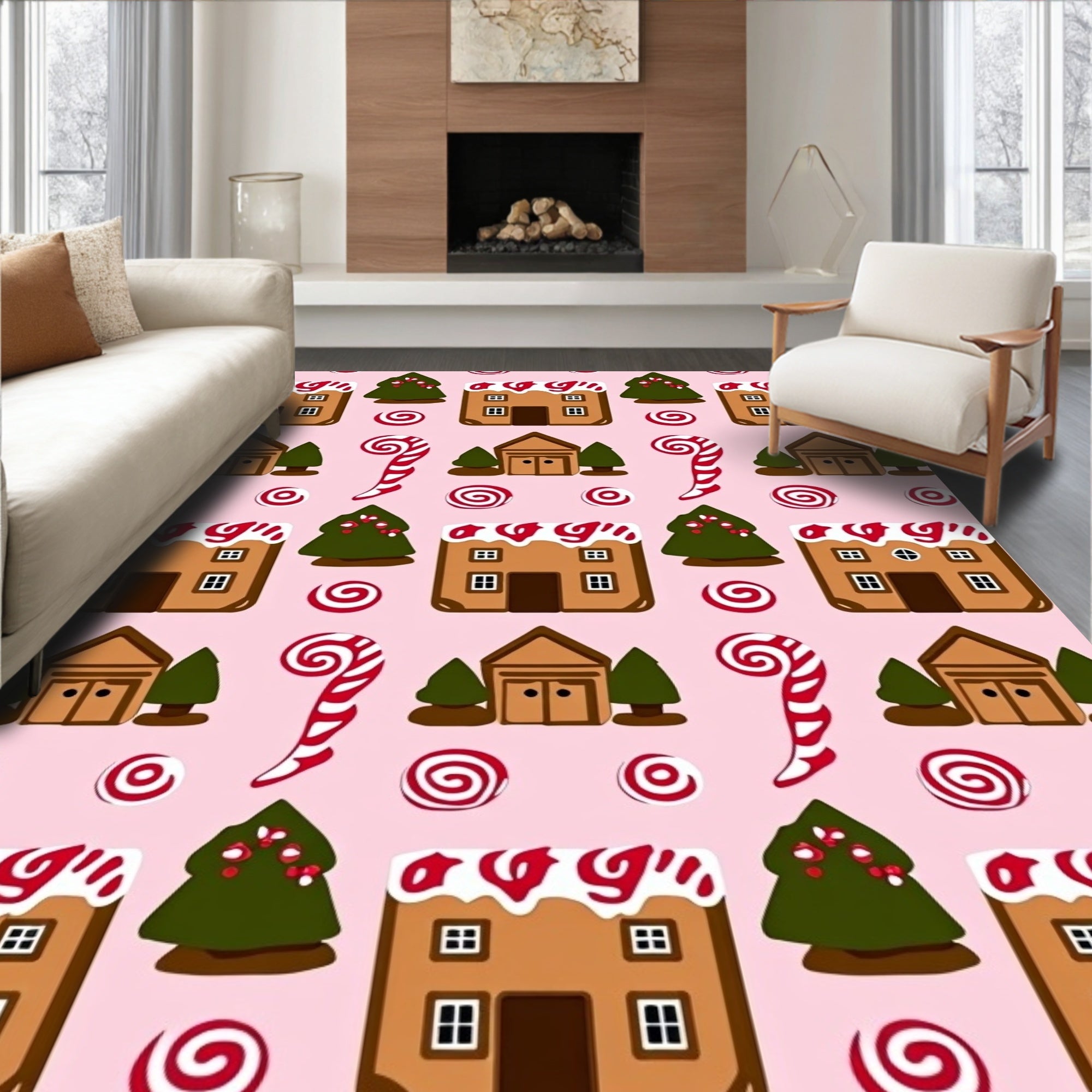 Whimsical Gingerbread Houses Candy Canes Rug