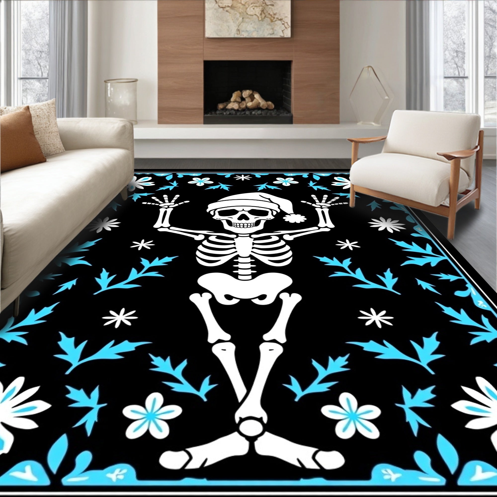 Black White Sky Blue Skeleton Floral Rug
