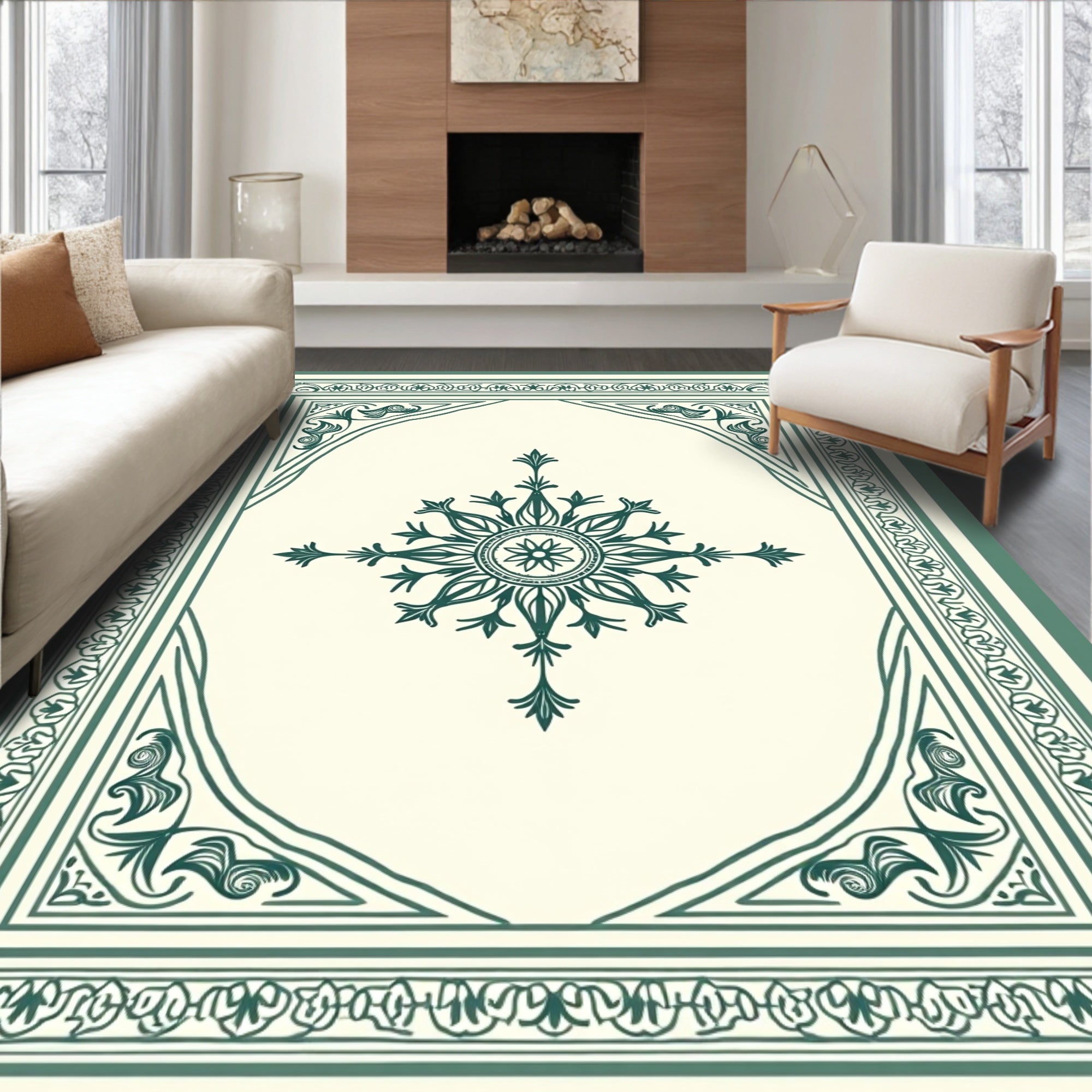 Ornate Floral Medallion Teal Border Rug