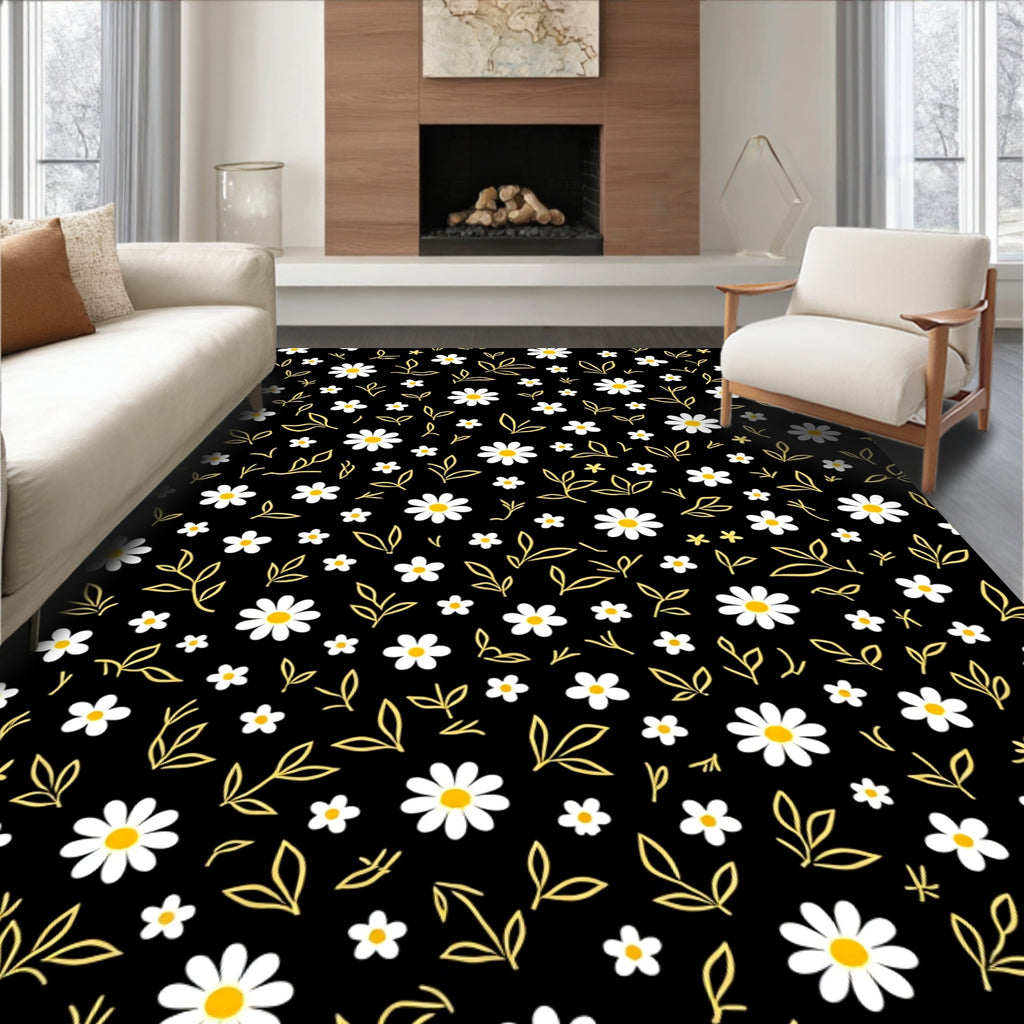 Black Daisy And Leaf Pattern Rug