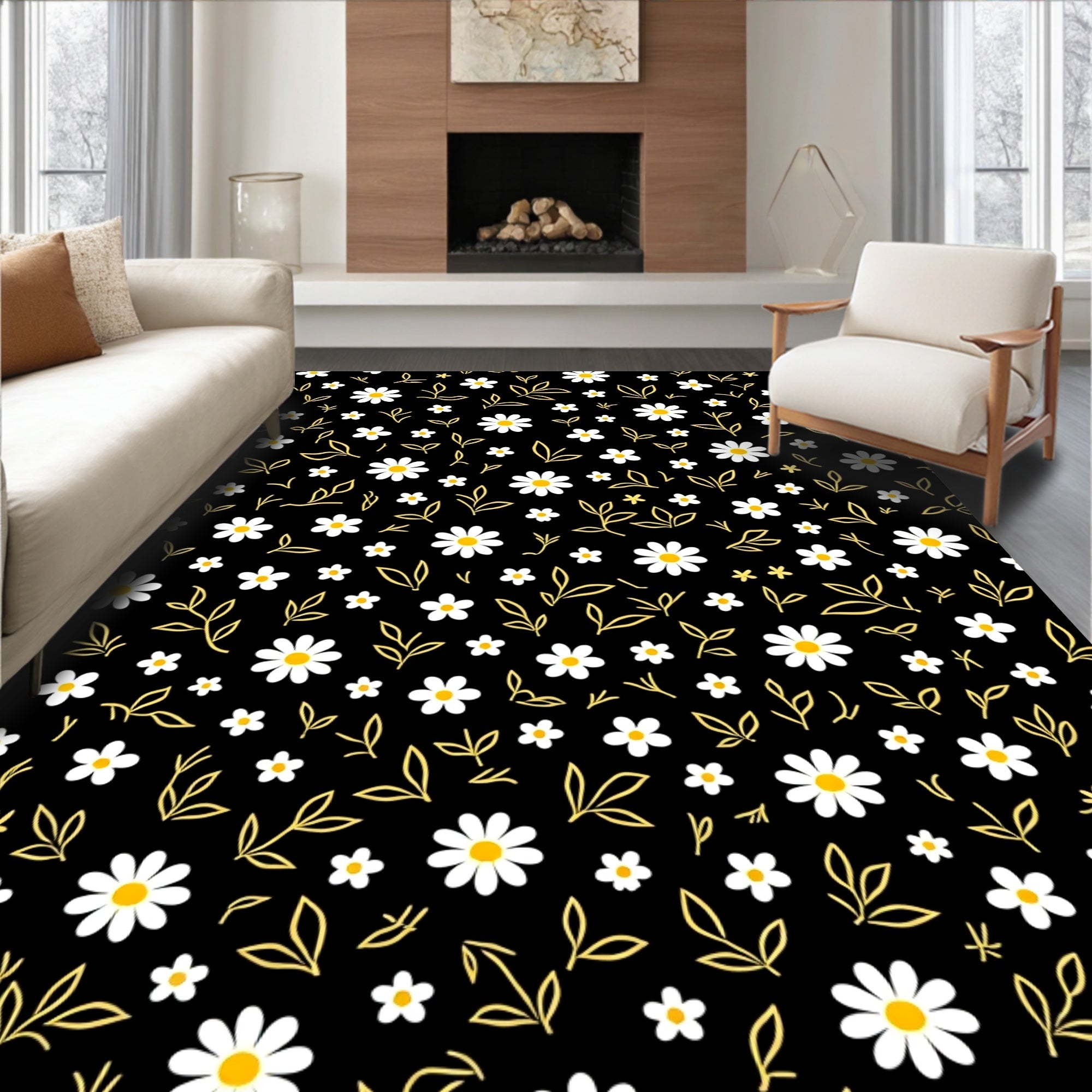 Black Daisy And Leaf Pattern Rug