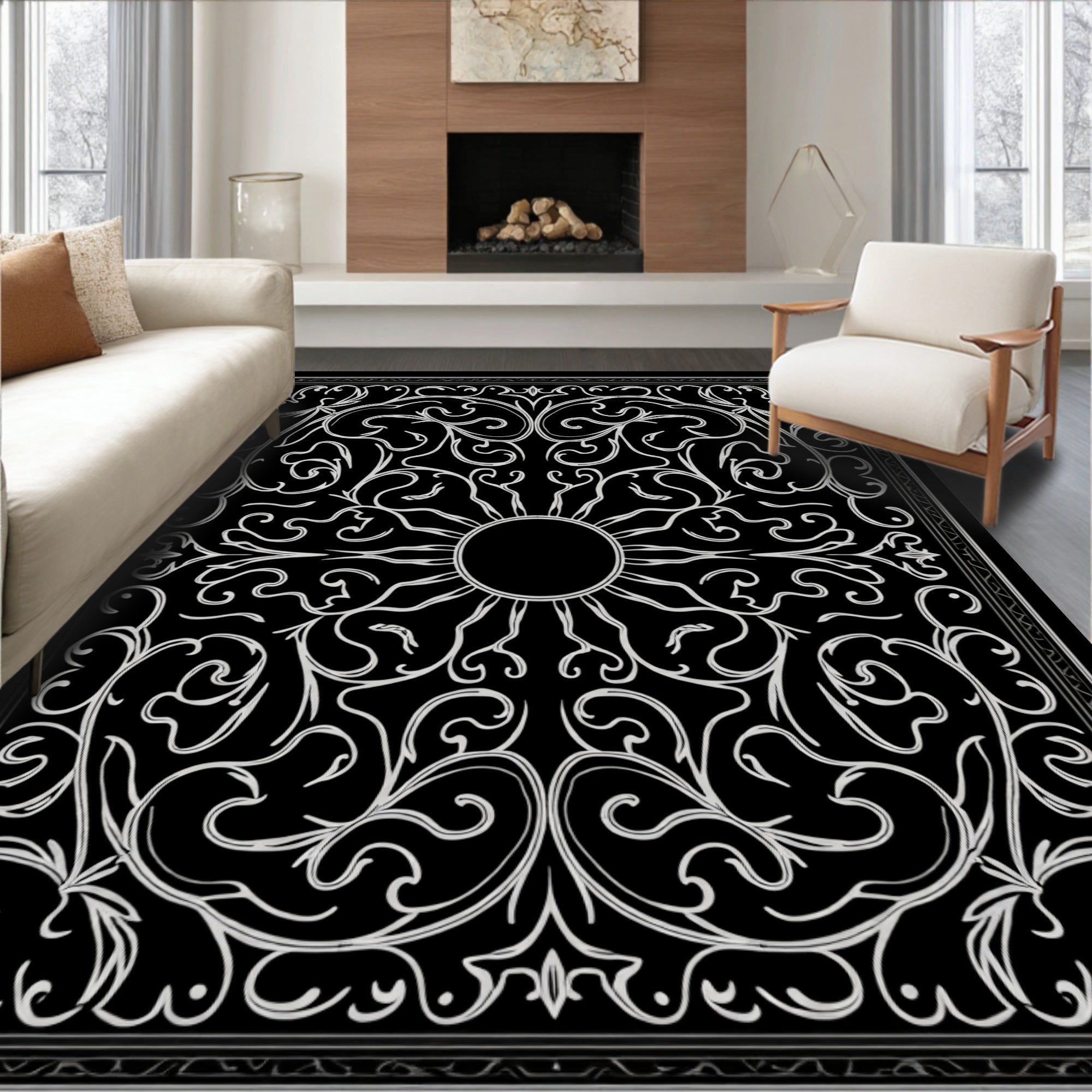Ornate Sun Scrollwork Style Rug