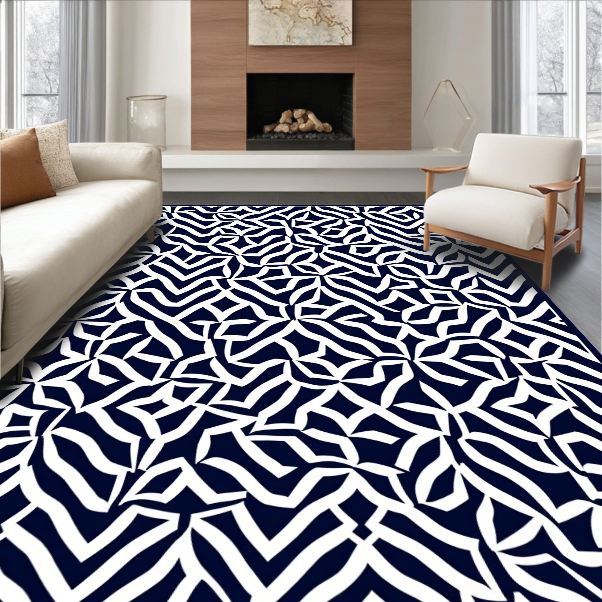 Abstract White Navy Organic Pattern Rug