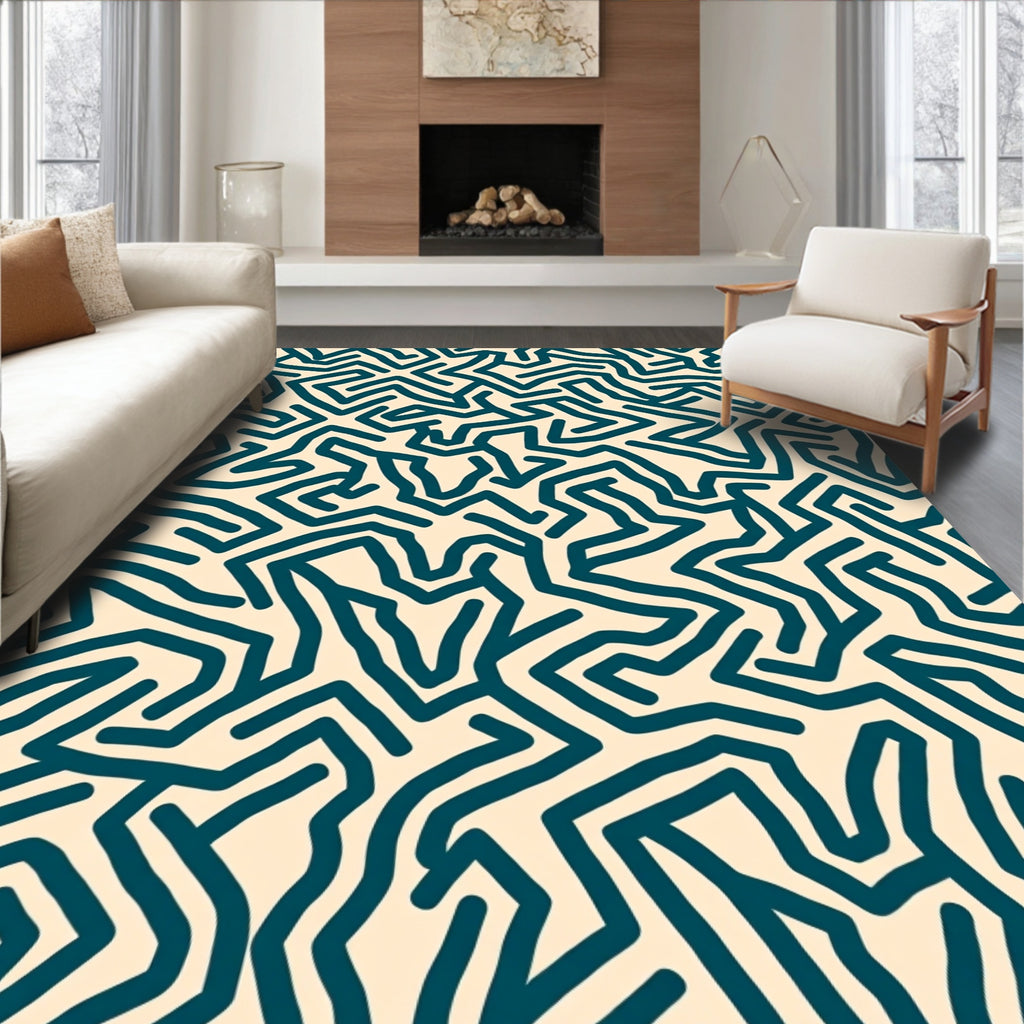 Abstract Teal Maze Pattern Rug