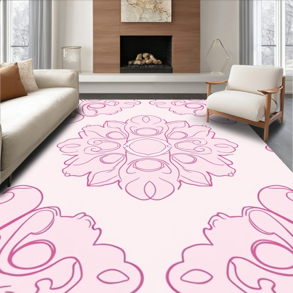 Pink Floral Outline Mandala Design Rug