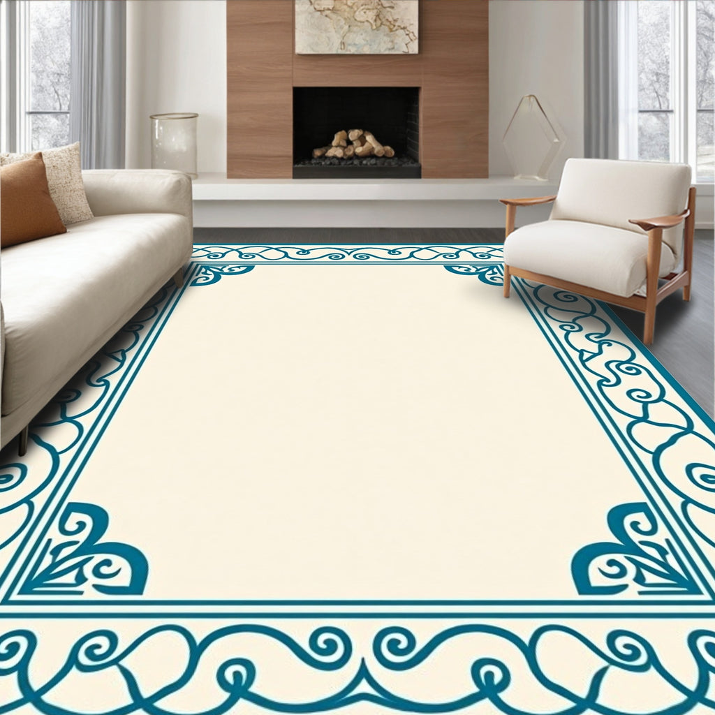 Teal Ornamental Filigree Border Design Rug