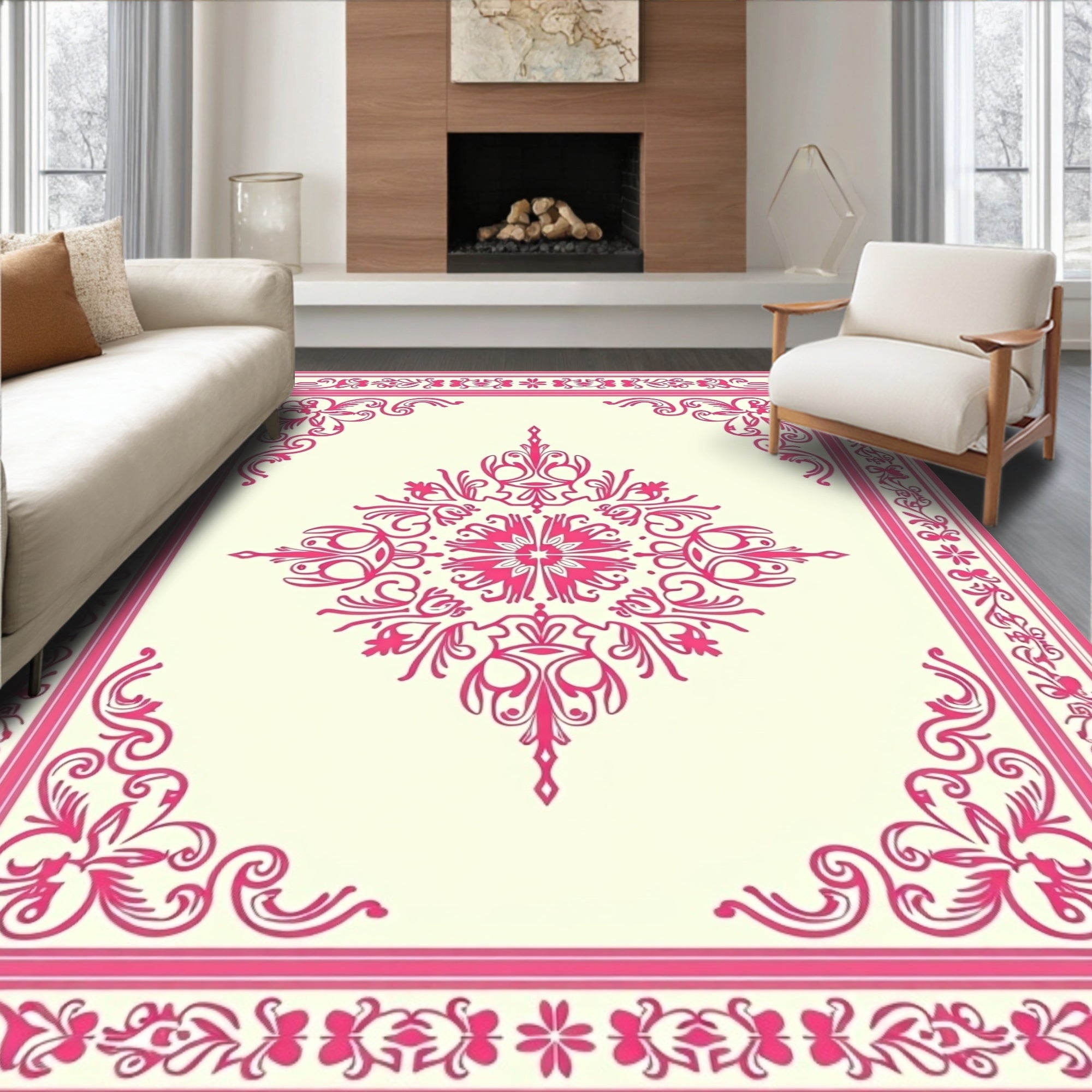Ornate Floral Scrollwork In Pink Rug