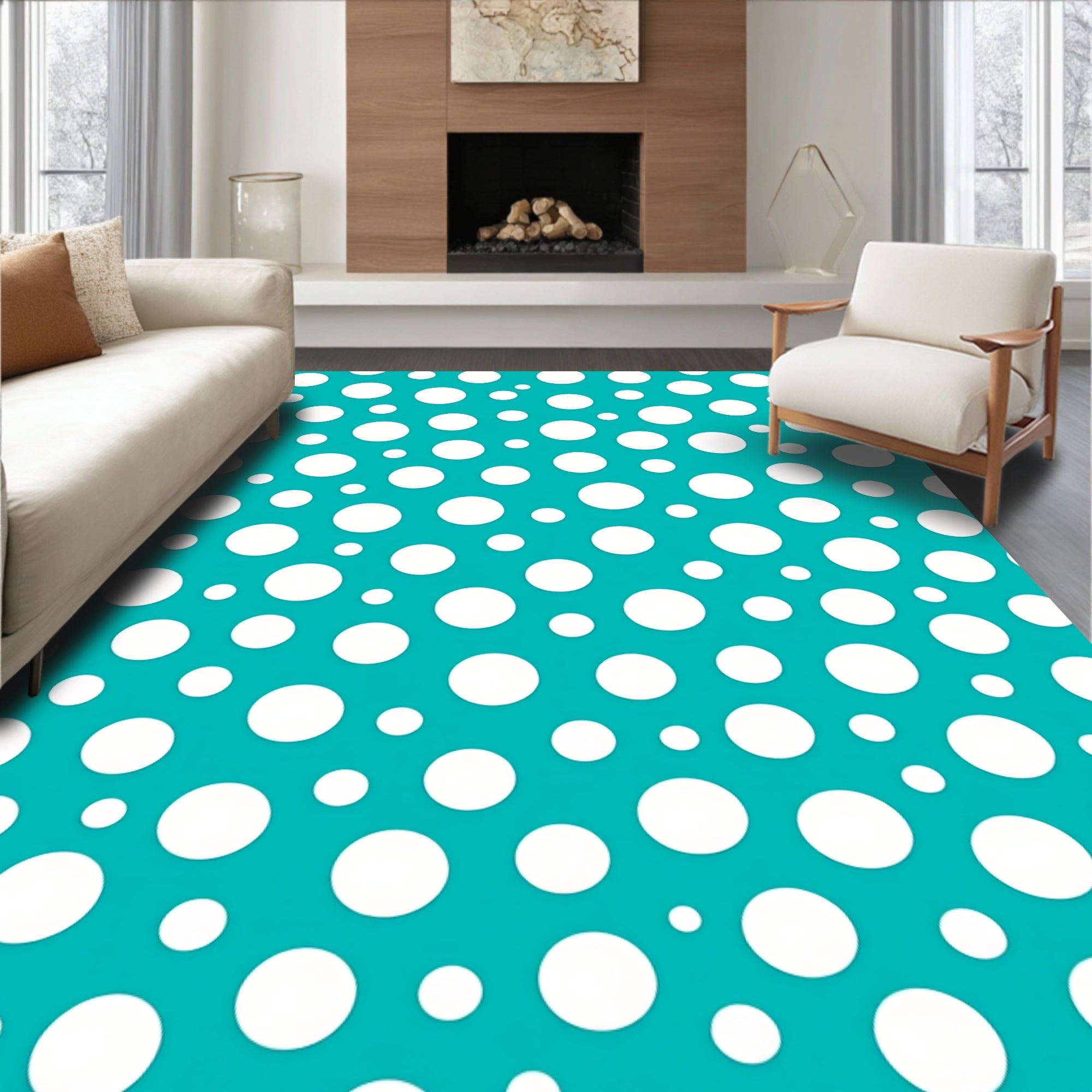 Bright Teal White Dots Pattern Rug