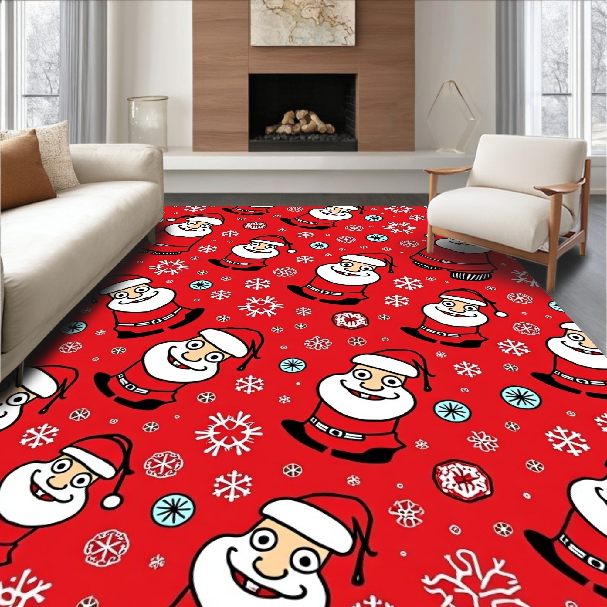 Jolly Santa Claus Snowflakes Red Rug
