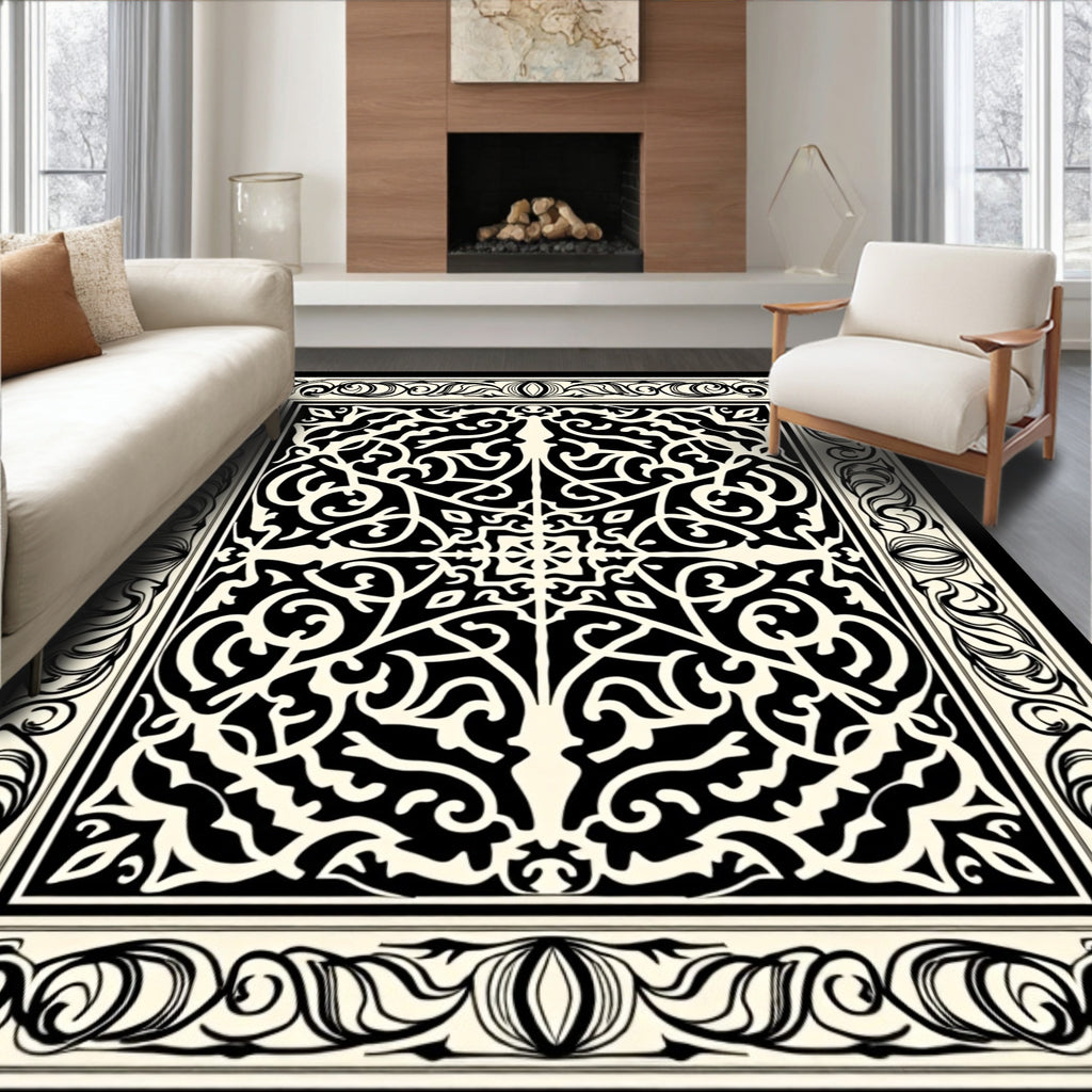 Intricate Black Ivory Damask Pattern Rug