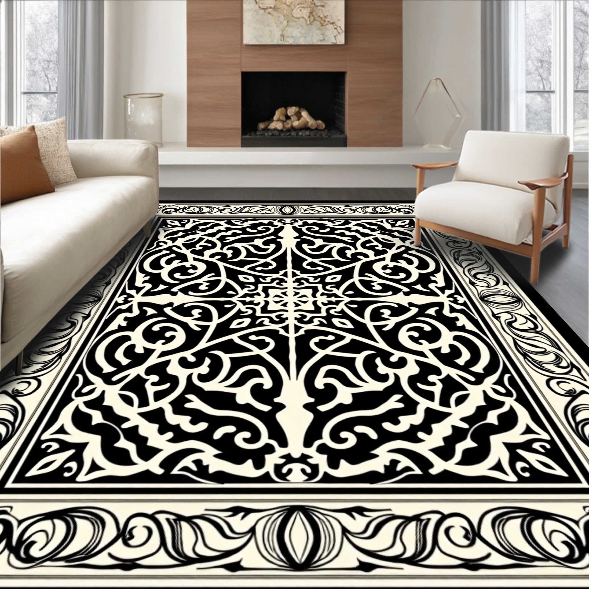 Intricate Black Ivory Damask Pattern Rug