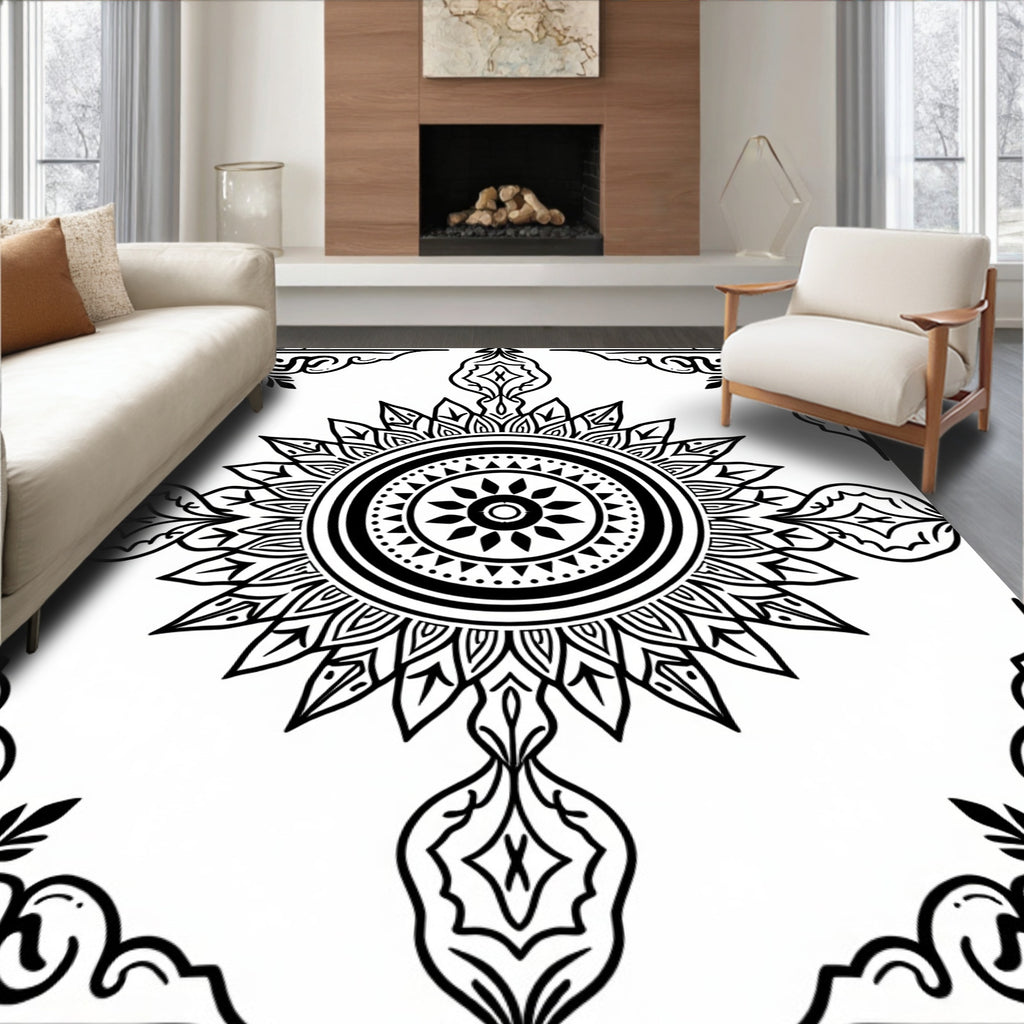 Mandala Style Graphic Black White Rug