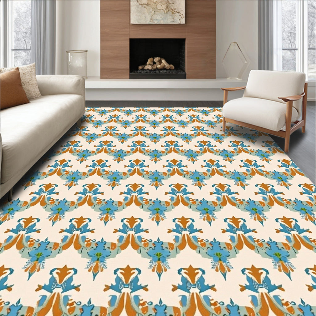 Ornate Blue Orange Crest Pattern Rug