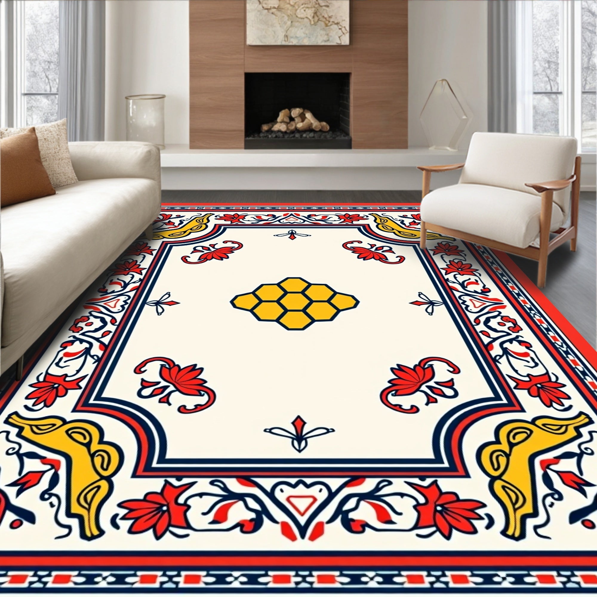 Red Yellow Floral Honeycomb Border Rug