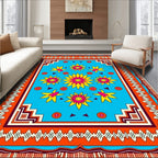 Vibrant Turquoise Floral Medallion Border Rug