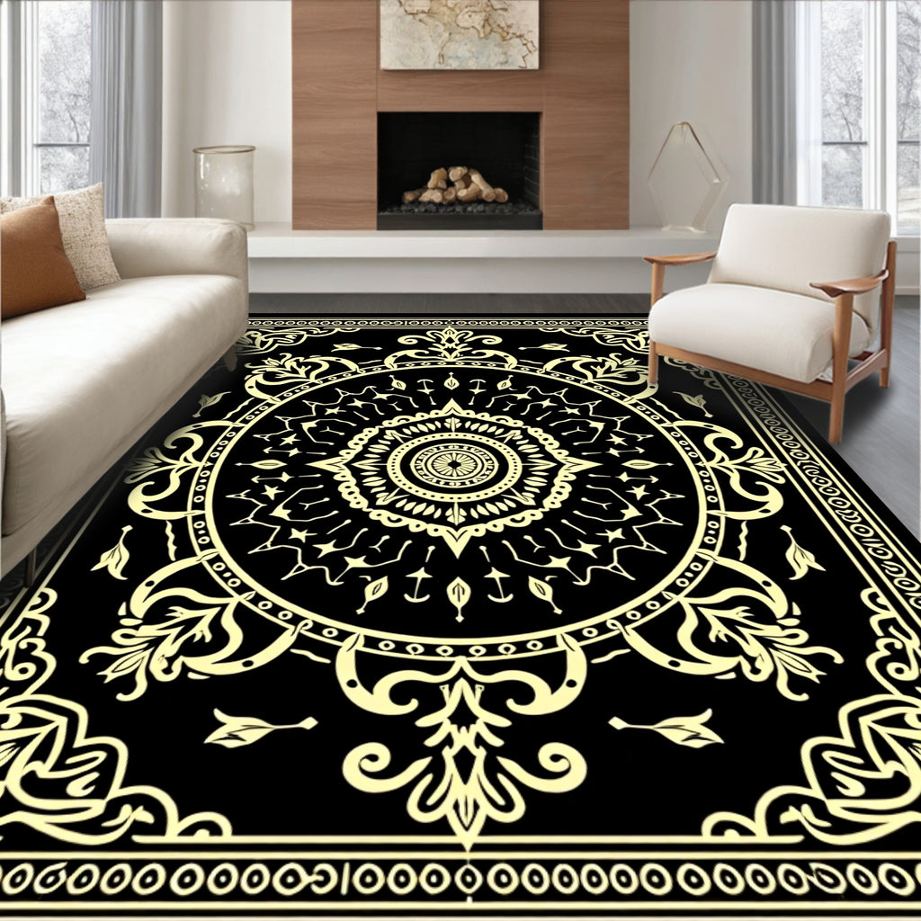 Intricate Mandala Floral Black Cream Rug
