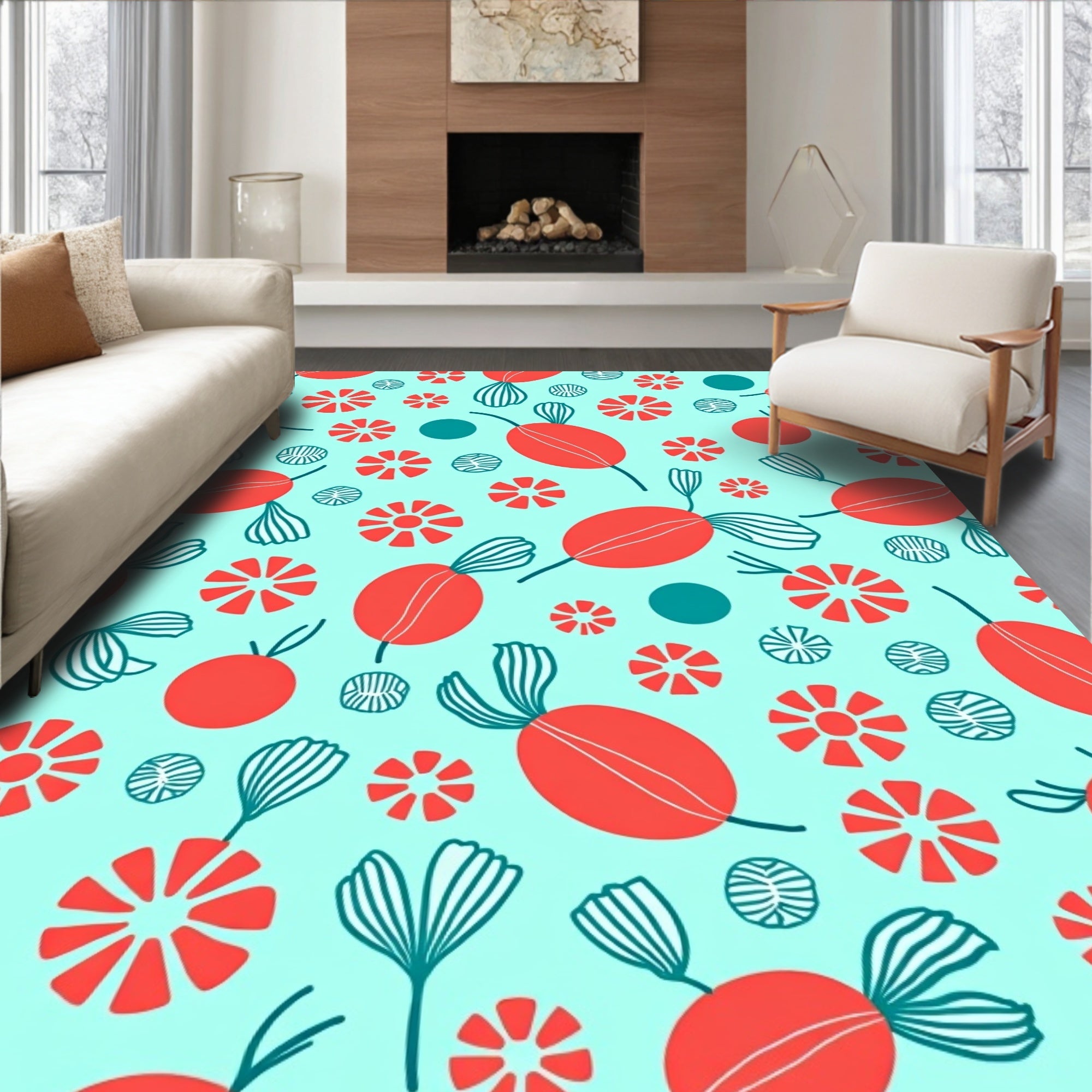 Red Oval Flower Pattern Rug