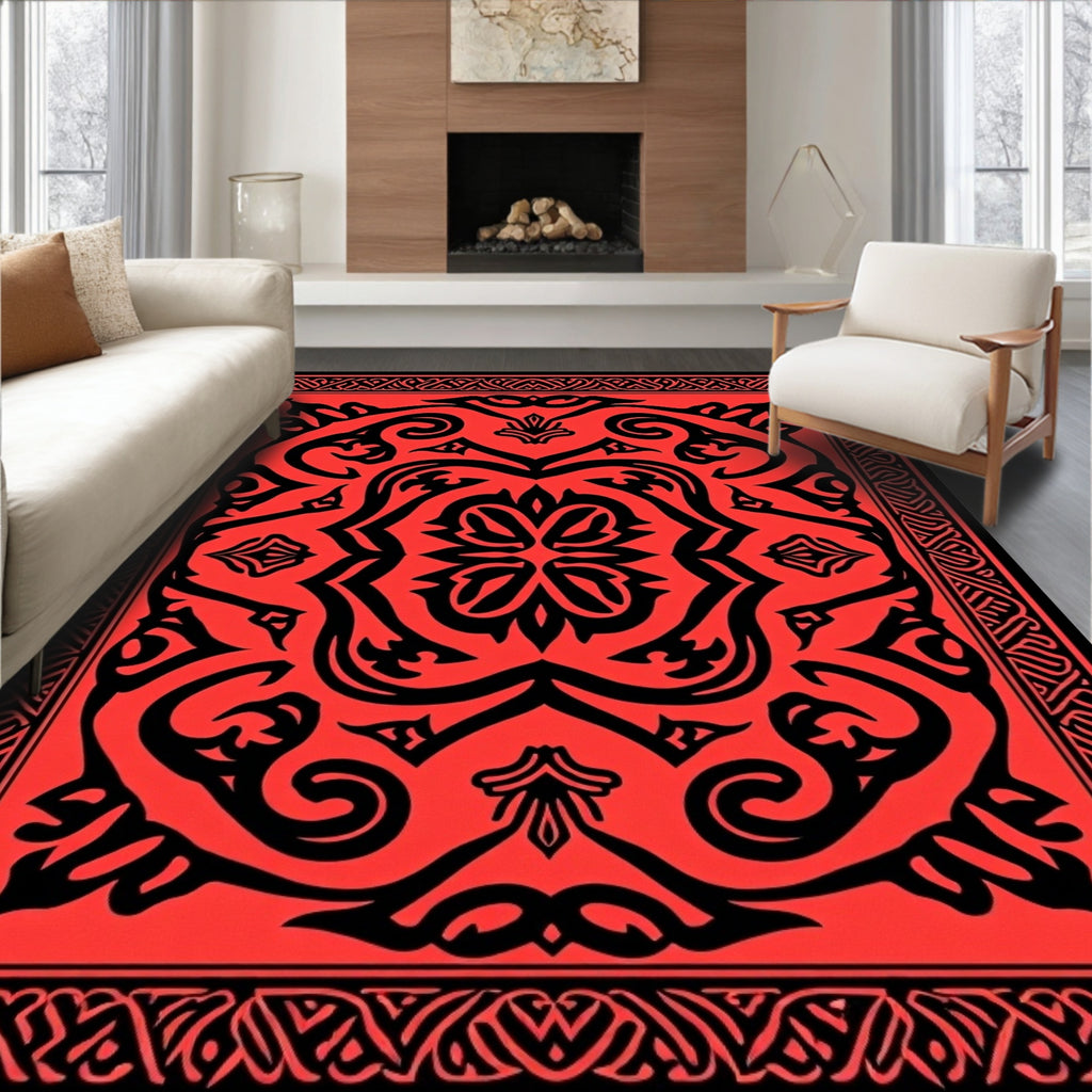 Intricate Red And Black Floral Pattern Rug