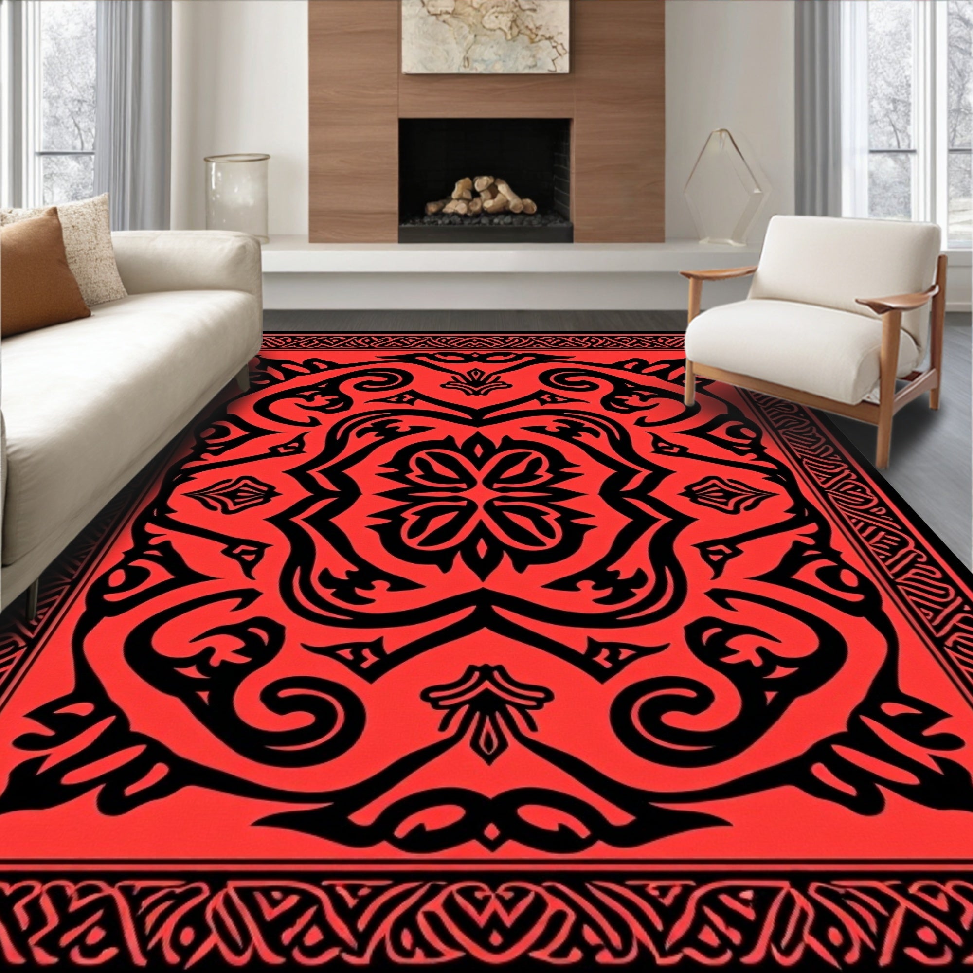 Intricate Red And Black Floral Pattern Rug