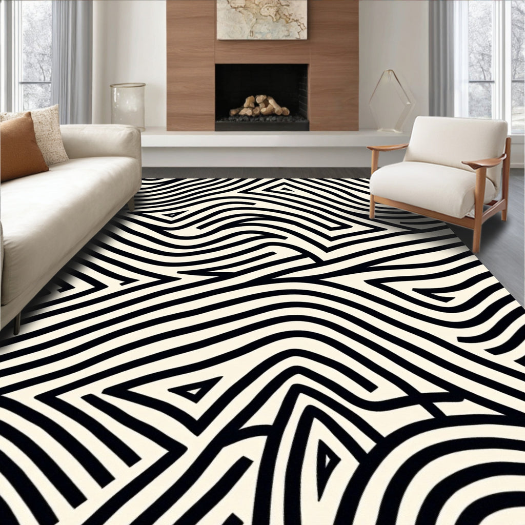 Abstract Black White Striped Geometric Rug