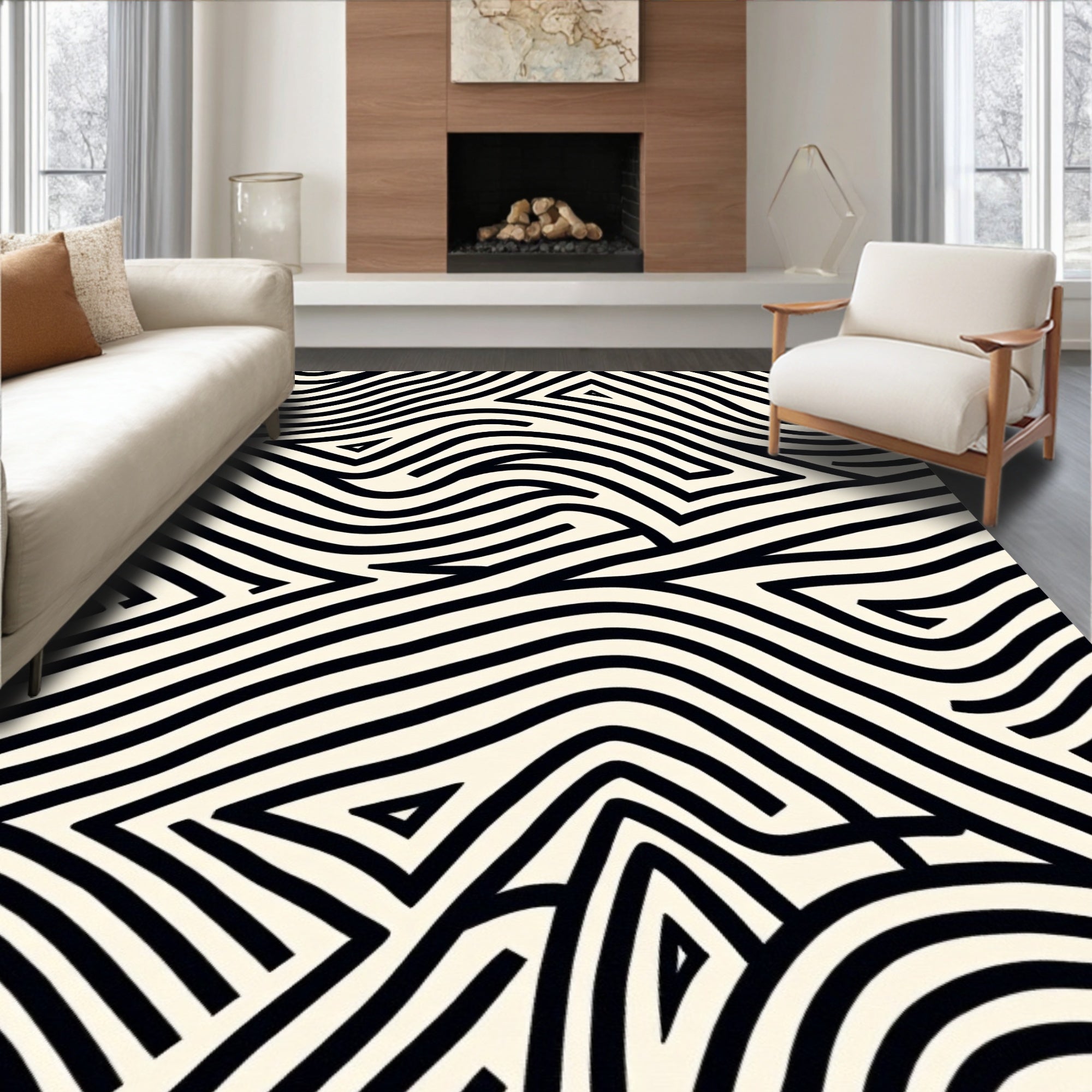 Abstract Black White Striped Geometric Rug