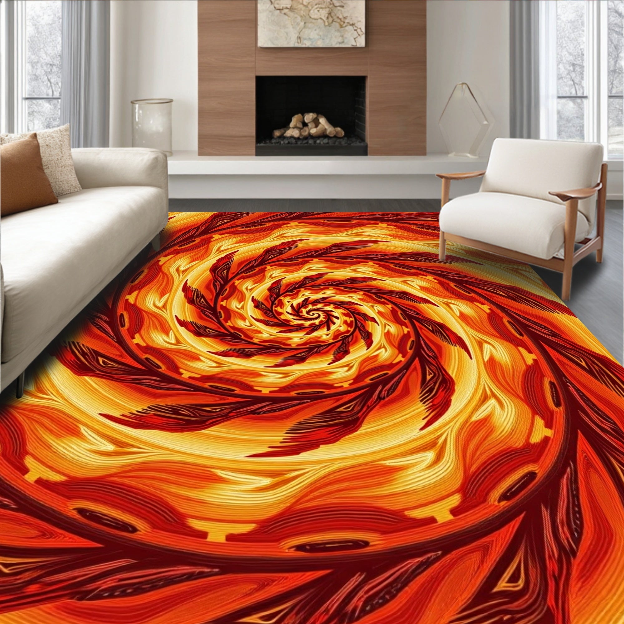 Fiery Abstract Swirl Pattern Rug