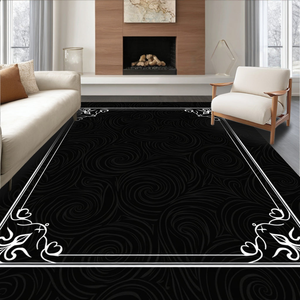 Ornate Black Swirl Floral Design Rug