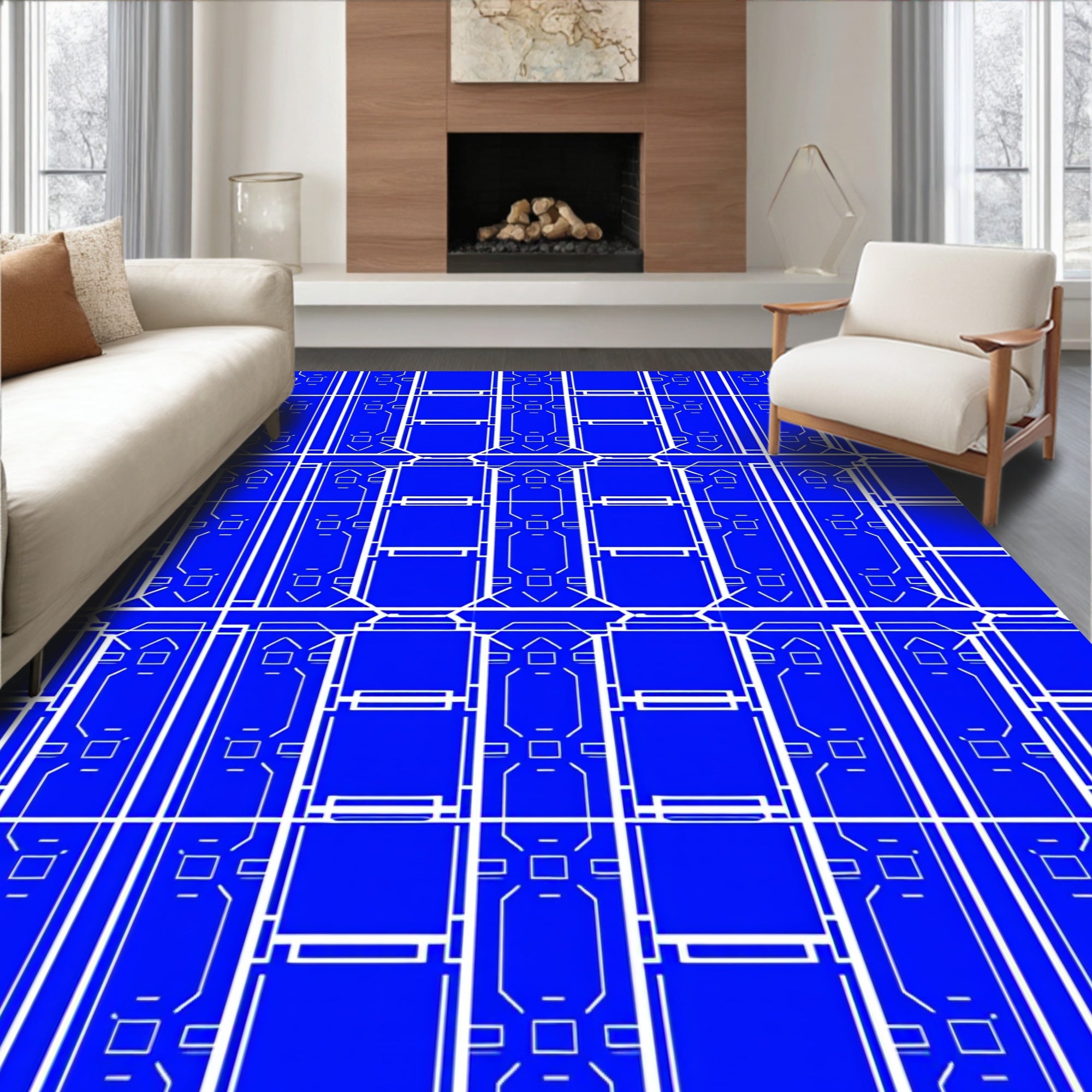 Geometric Blue White Linear Rug