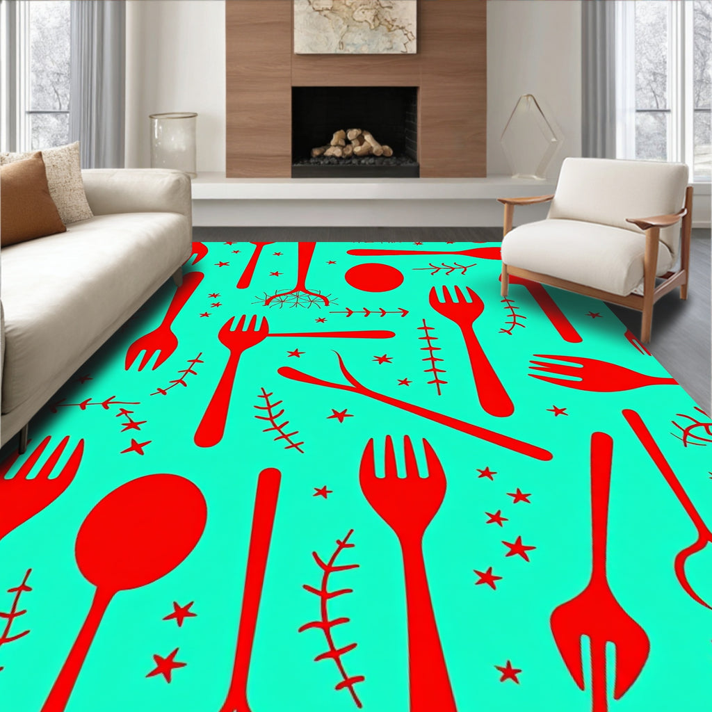 Red Utensil Starburst Teal Rug