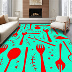 Red Utensil Starburst Teal Rug