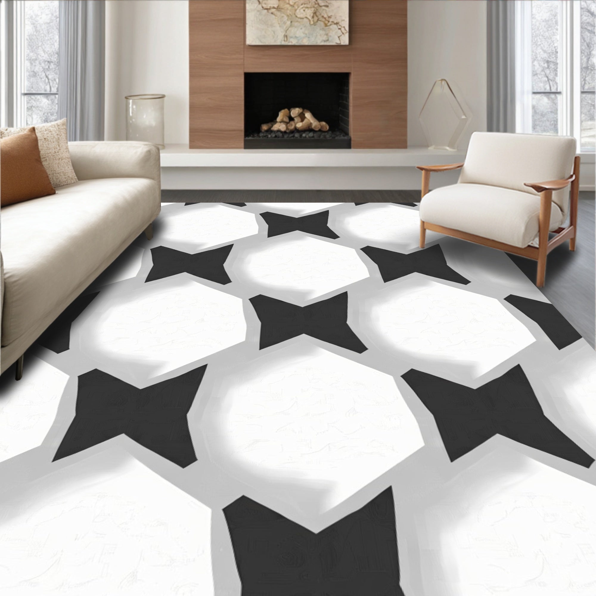Abstract Black White Geometric Hexagonal Pattern Rug