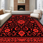 Deep Red Floral Vines Pattern Rug