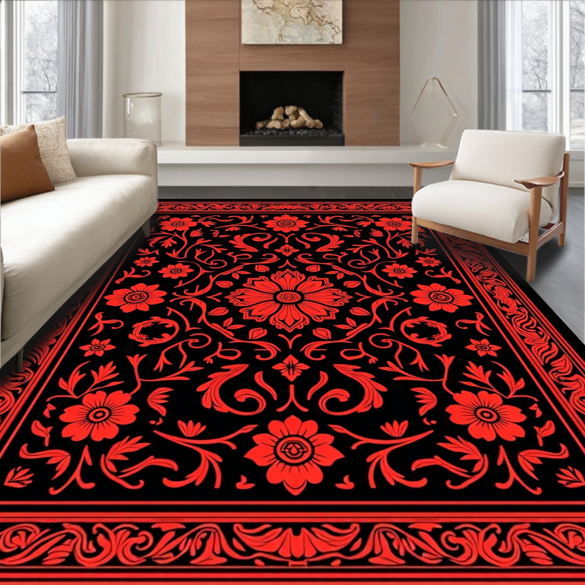 Deep Red Floral Vines Pattern Rug