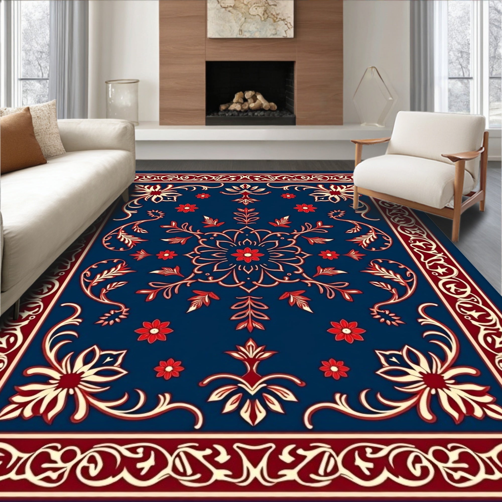 Classic Floral Medallion Red Blue Rug