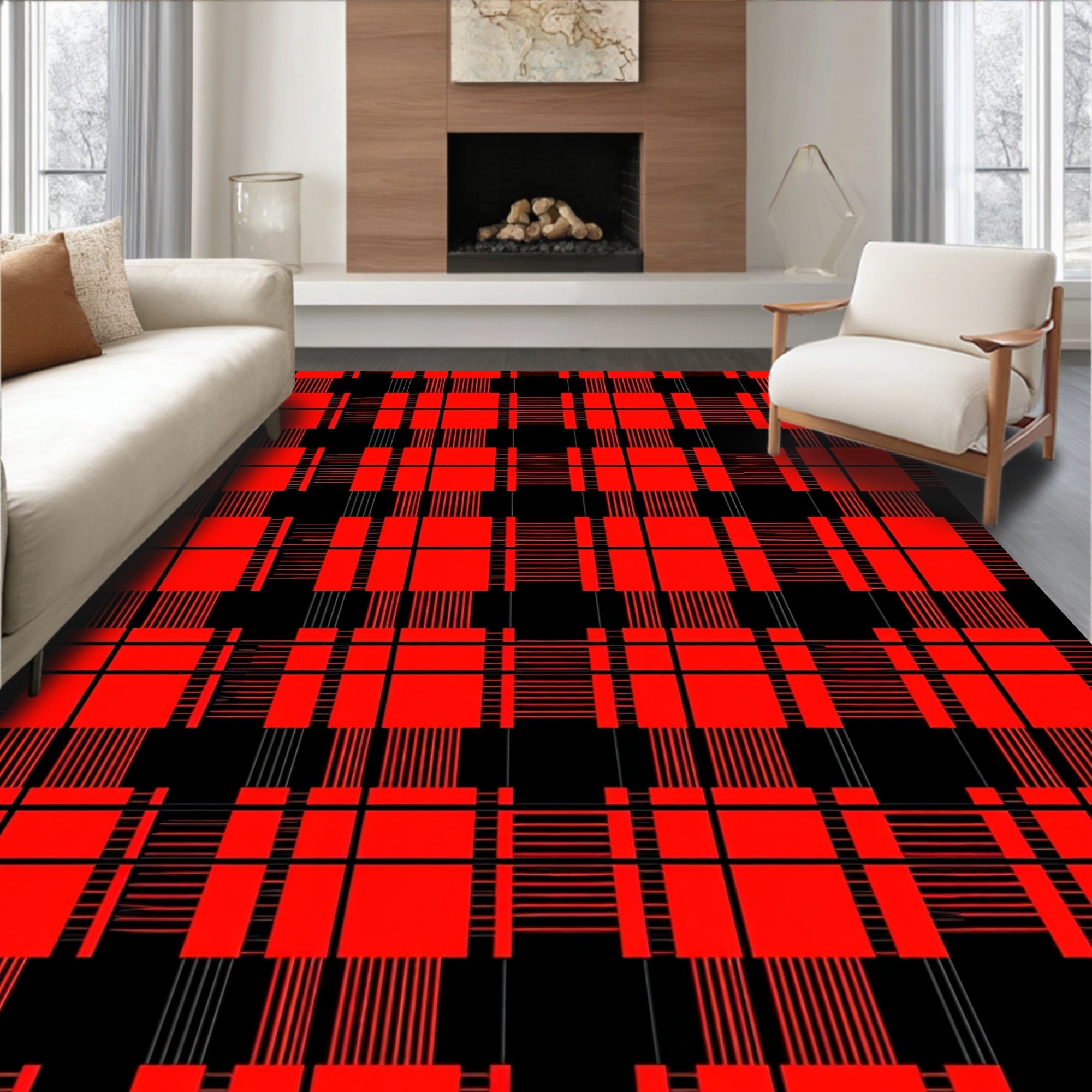 Bold Red Black Plaid Pattern Design Rug
