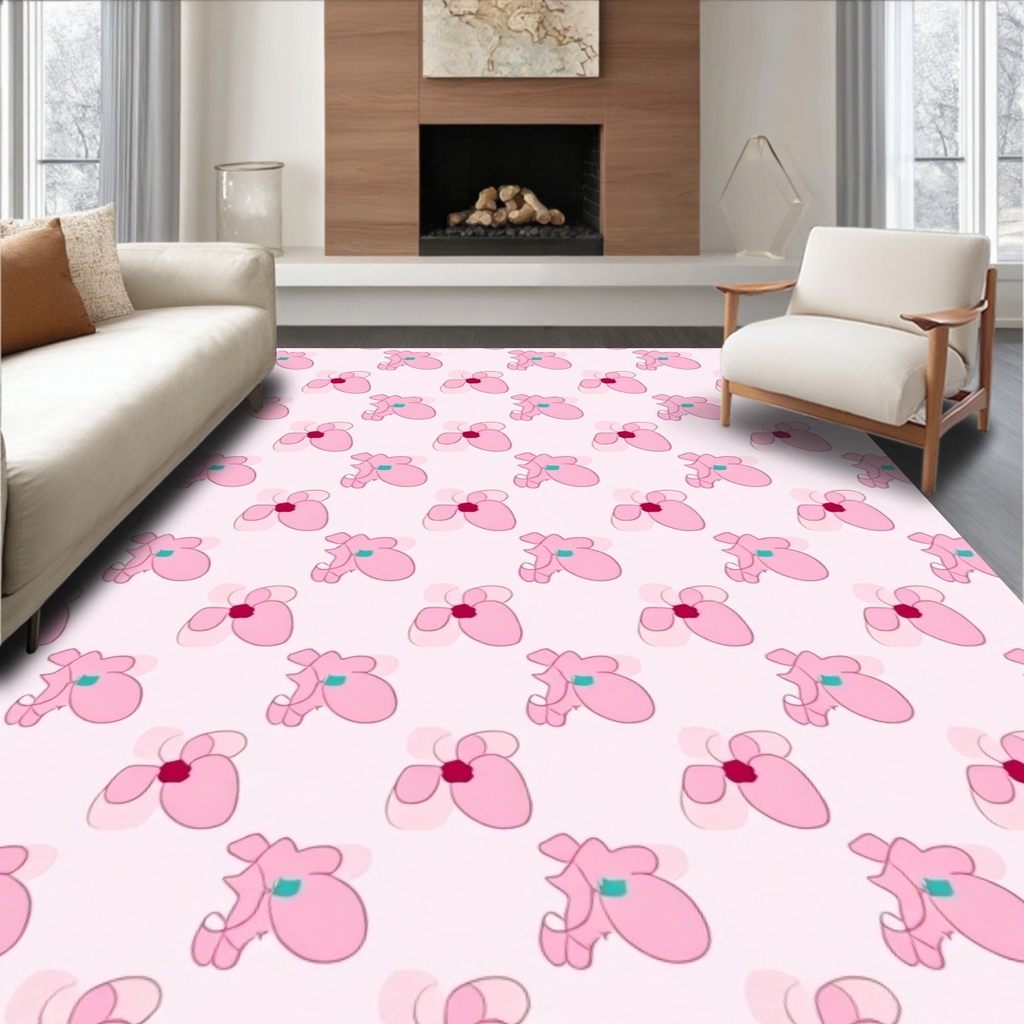 Pink Floral Outline Pattern Rug