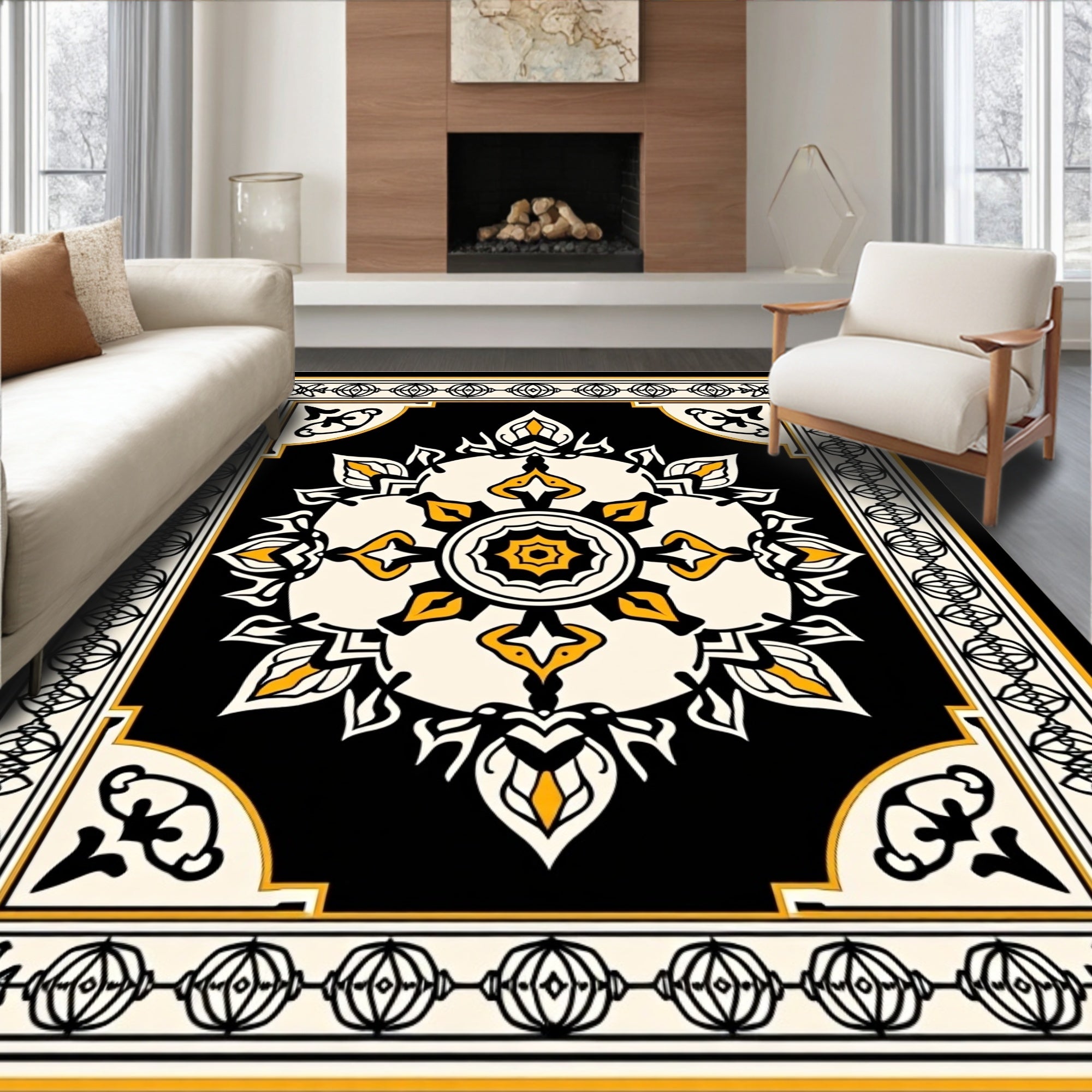 Black Yellow Floral Medallion Rug