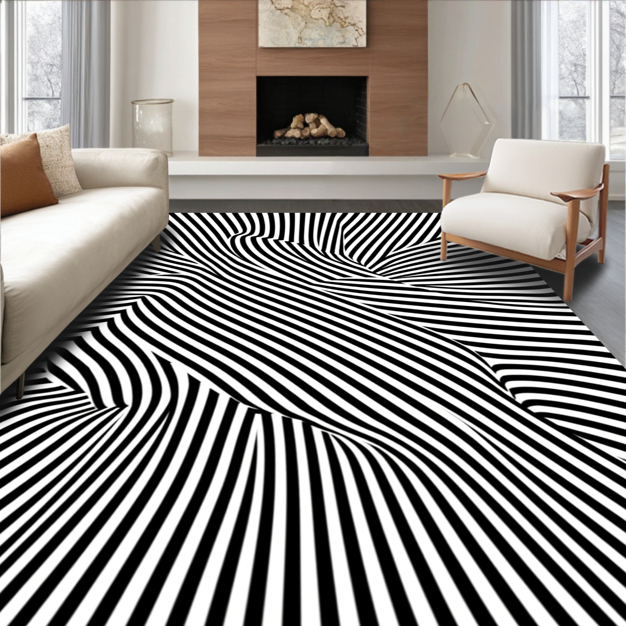 Black White Folded Stripe Design Rug